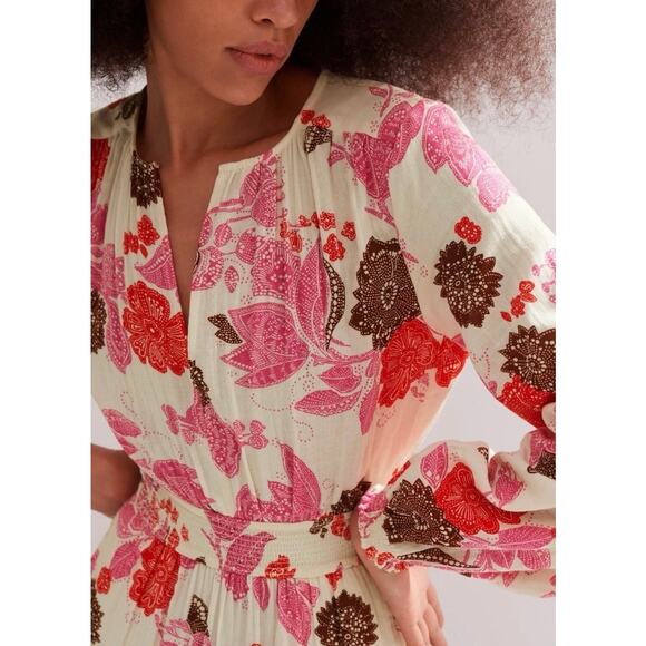 ME+EM Cheesecloth Bali Print Floral Red Pink Cut Out Maxi Long Dress Cotton 4 - Picture 3 of 14